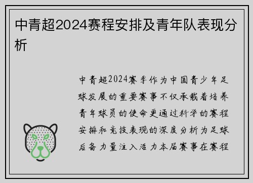 中青超2024赛程安排及青年队表现分析