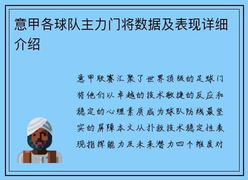 意甲各球队主力门将数据及表现详细介绍